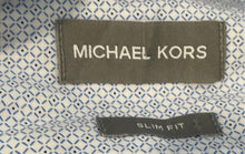 Load image into Gallery viewer, Michael Kors Mens Blue Printed Long Sleeve Slim Fit Dress Shirt Size Medium