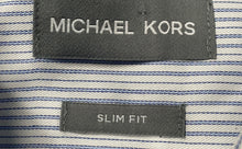 Load image into Gallery viewer, Michael Kors Mens White Blue Striped Print Cotton Slim Fit Dress Shirt Size L