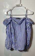 Load image into Gallery viewer, Zara Womens Blue White Striped Print Off-The-Shoulder Pullover Blouse Top Size S