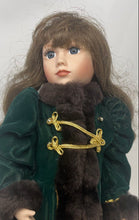 Load image into Gallery viewer, Vintage Franklin Heirloom Porcelain Green Coat Brown Hair Blue Eyes Doll