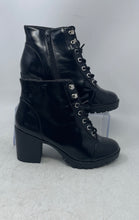 Load image into Gallery viewer, Express Womens Black Faux Leather Cap Toe Block Heel Lace-Up Ankle Boots Size 7