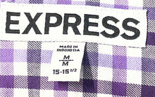 Load image into Gallery viewer, Express Mens White Purple Plaid Cotton Long Sleeve Dress Shirt Size M 15-15.5