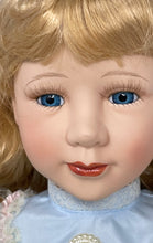 Load image into Gallery viewer, Vintage 40305 Blue Dress Lace Trim Curly Blonde Hair Collectible Porcelain Doll