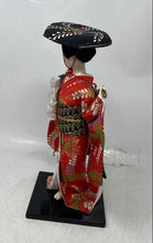 Load image into Gallery viewer, Traditional Japanese Geisha Doll With Red Kimono And White Floral Accents