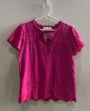 Load image into Gallery viewer, Loft Womens Fuchsia Tie Neck Eyelet Short Sleeve Scalloped Blouse Top Size XS