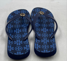 Load image into Gallery viewer, Authentic Tory Burch Womens Blue Monogram Slip-On Flip Flop Sandals Size 8