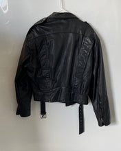 Load image into Gallery viewer, Chia Unisex Black Leather Long Sleeve Belted Motorcycle Jacket Size Medium