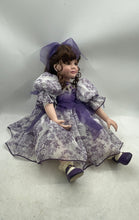 Load image into Gallery viewer, Curly Hair Brown Eyes Girl Porcelain Doll In Removable Purple White Maxi Dress