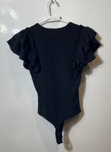 Load image into Gallery viewer, Express Womens Black Ribbed V-Neck Ruffle Sleeve Bodysuit Blouse Top Size Small