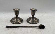 Load image into Gallery viewer, Silver Plated 3/2 Inch Console Two Candle Holders With Matching Snuffer