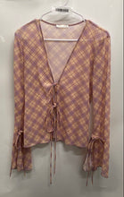 Load image into Gallery viewer, Zara Womens Purple Yellow Plaid Long Bell Sleeve Tie Front Blouse Top Size L