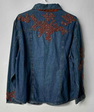 Load image into Gallery viewer, Chico's Womens Blue Cotton Denim Embroidered Beaded Details Sleeve Jacket Size 3