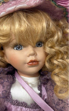 Load image into Gallery viewer, Vintage Blonde Hair Blue Eyes Porcelain Doll With Pink Dress Purse & Stuffed Toy
