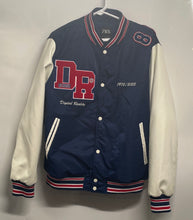 Load image into Gallery viewer, Zara Mens Blue And White Long Sleeve Letterman Patch Bomber Jacket Size L