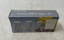 Load image into Gallery viewer, Silver-Plated Column Miniature Pillar Shaped Salt & Pepper Shakers Set