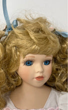 Load image into Gallery viewer, Blonde Curly Hair Blue Eyes Collectible Porcelain Doll With White Dress