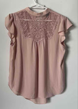 Load image into Gallery viewer, Express Womens Pink Crochet Yoke Short Sleeve Mock Neck Blouse Top Size S