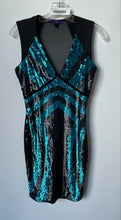 Load image into Gallery viewer, Forever 21 Womens Aqua Blue Black Sequin Sleeveless V-Neck Bodycon Dress Size S