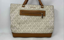 Load image into Gallery viewer, Michael Kors Womens Beige Brown Monogram Leather Trim Zip Top Frame Out Tote Bag