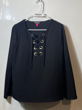 Load image into Gallery viewer, Vince Camuto Womens Black Long Sleeve Lace-Up Front Split Neck Blouse Top Size S