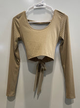 Load image into Gallery viewer, Forever 21 Womens Beige Ribbed Long Sleeve Scoop Neck Back Tie Cropped Top Sz S