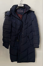 Load image into Gallery viewer, Tommy Hilfiger Womens Blue Belted Faux Fur Trim Hooded Puffer Jacket Size Small