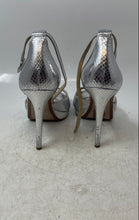 Load image into Gallery viewer, Michael Kors Womens Tiegan Silver Snakeskin Embossed Ankle Strap Heels Size 8.5M