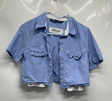 Load image into Gallery viewer, Zara Womens Blue Short Sleeve Collared Cropped Button-Up Shirt Size Small