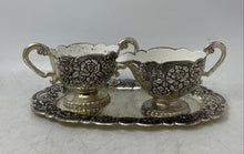 Load image into Gallery viewer, Vintage Lot Of 3 Silver-Tone And White Enamel Sugar Bowl Creamer w/ Serving Tray