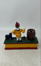 Load image into Gallery viewer, Vintage Cast Iron Trick Dog Circus Clown Barrel Figure Mechanical Coin Bank