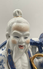 Load image into Gallery viewer, Chinese White Blue Gold Porcelain Statue Of Man With Fish Riding Horse Figurine