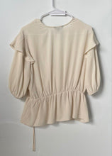 Load image into Gallery viewer, Express Womens Beige Faux Wrap Puff Sleeve V-Neck Peplum Top Size Large