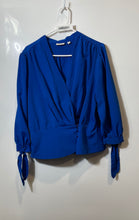 Load image into Gallery viewer, Eva Mendes Womens Blue V-Neck Pleated Long Sleeve Tied Cuffs Blouse Top Size L