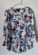 Load image into Gallery viewer, Liz Claiborne Career Womens White Blue Floral Long Sleeve Blouse Top Size L