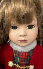 Load image into Gallery viewer, Vintage Collectible Brown Hair And Eyes Red Dress Porcelain Doll With Stand