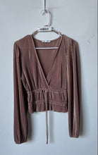 Load image into Gallery viewer, Zara Womens Brown Long Sleeve Drawstring Waist V-Neck Cropped Blouse Top Size M