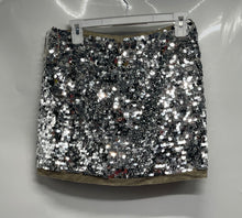 Load image into Gallery viewer, Zara Womens Silver Sequin Designer Pull On Mid Rise Mini Skirt Size Small