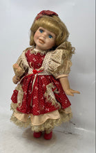 Load image into Gallery viewer, Vintage Antique Blonde Hair Blue Eyes Porcelain Doll With Heart Shaped Lollipop