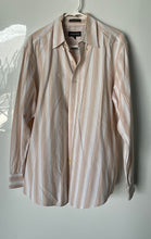 Load image into Gallery viewer, Michael Brandon Mens Brown White Striped Long Sleeve Dress Shirt Size L