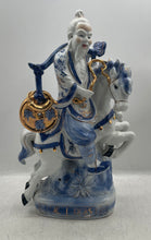 Load image into Gallery viewer, Chinese White Blue Gold Porcelain Statue Of Man With Fish Riding Horse Figurine
