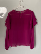 Load image into Gallery viewer, Express Womens Fuchsia Ruffle Sheer Long Sleeve Round Neck Blouse Top Size S