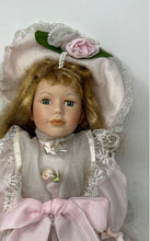 Load image into Gallery viewer, Vintage Brown Hair Green Eyes Porcelain Doll In Pink Victorian Dress With Hat