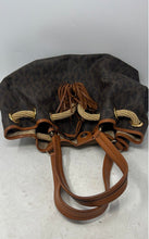 Load image into Gallery viewer, Michael Kors Womens Brown Monogram Leather Trim Tassel Bucket & Drawstring Bag