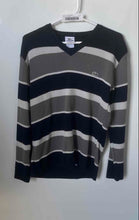 Load image into Gallery viewer, Lacoste Mens Navy Blue Gray Striped Long Sleeve V-Neck Pullover Sweater No Size