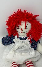Load image into Gallery viewer, Aurora Red Yarn Hair Handmade Raggedy Ann Cloth Doll With Blue Floral Outfit