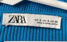 Load image into Gallery viewer, Zara Womens Blue Ribbed Cross Knot Long Sleeve Cropped Blouse Top Size Small