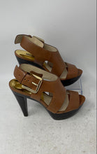 Load image into Gallery viewer, Michael Kors Womens Carla Brown Leather Peep Toe Buckle Platform Sandals Sz 5.5M