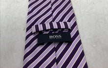 Load image into Gallery viewer, Hugo Boss Mens Purple Striped Print Silk Keeper Loop Pointed Tie