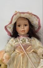 Load image into Gallery viewer, Brown Hair And Eyes Vintage Style Porcelain Doll With Cream Dress Hat & Purse
