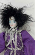 Load image into Gallery viewer, Vintage Purple Black Outfit Painted Face Feather Hair Porcelain Harlequin Doll